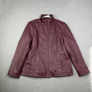 Cole Haan Genuine Lambskin Cognac Leather Wing Collar Zip Jacket Women's Large